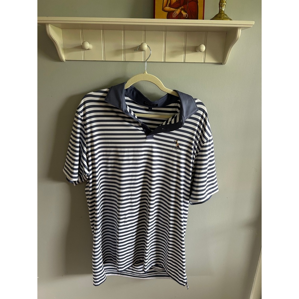 Peter Millar Crown Crafted Mens Large Navy White Striped Performance Golf Polo